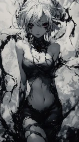 Monochrome void siren emerging through liquid darkness.