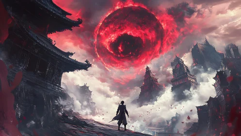 Crimson vortex above ruined citadel and lone wanderer.