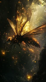 Glowing insect with crystal wings hovers in dark forest gorge