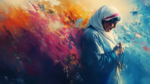 Elder in a headscarf cradling quiet amidst wild colorstorm.