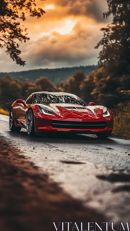 Red sports car rests on wet forest road at sunset light