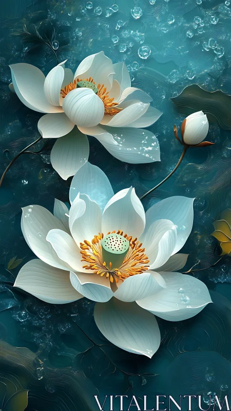 White lotus flowers with golden stamens floating in turquoise water.