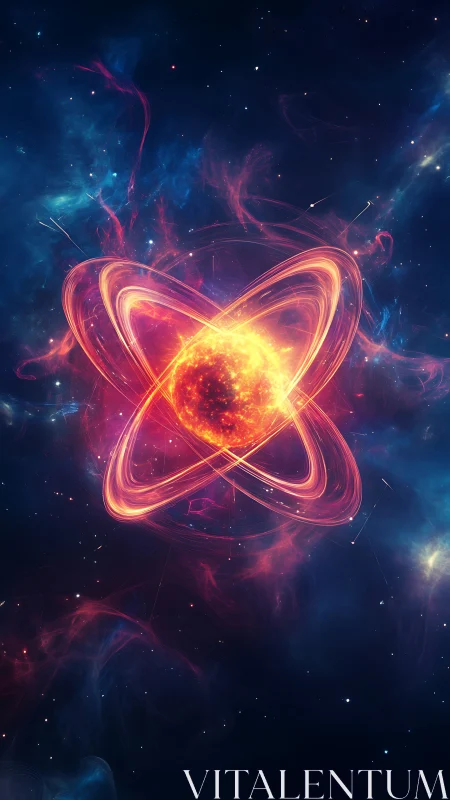 Glowing atomic core ignites within swirling cosmic nebula.