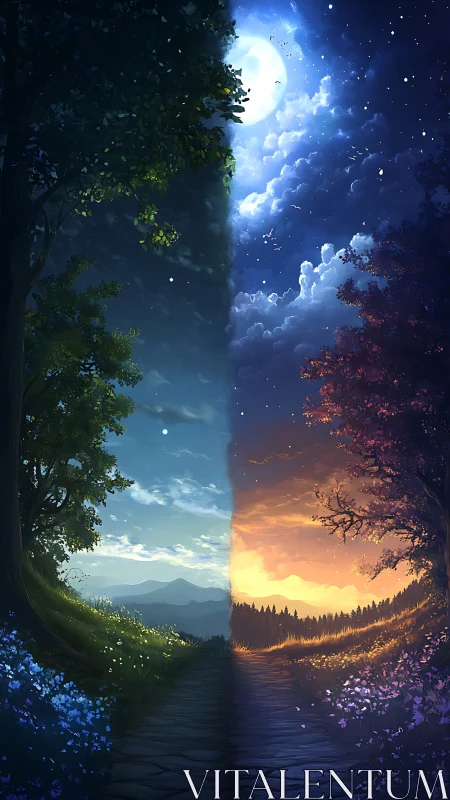 Fantasy landscape diptych of day and night division.