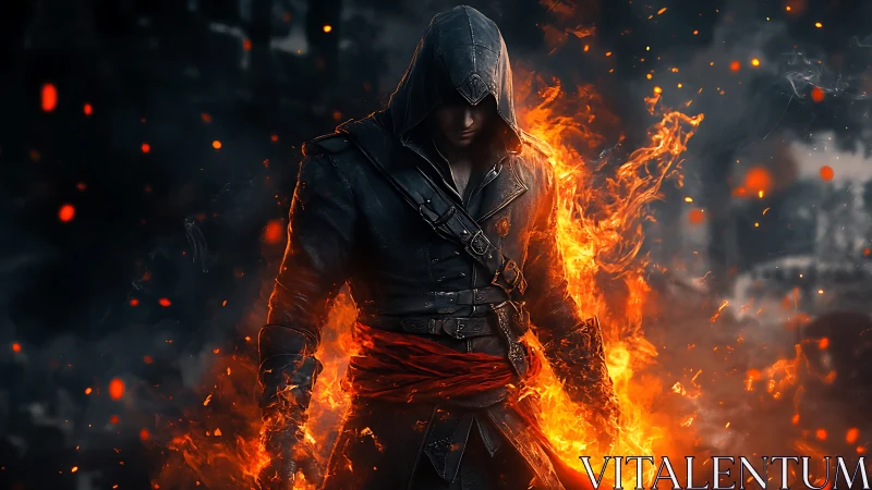 Hooded fireborne rogue emerging from swirling embers.