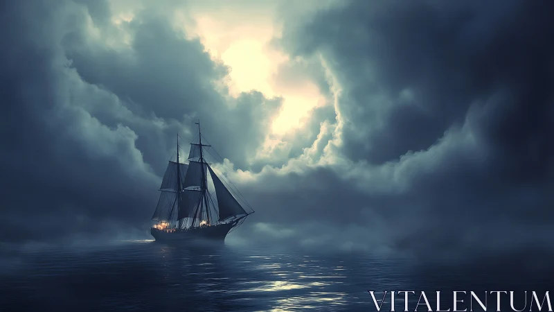 Tall ship sails through dense sea fog toward bright sky gap