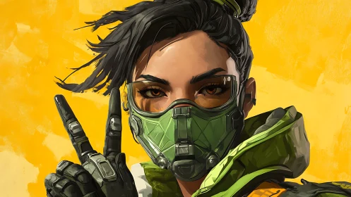 Confident masked heroine posing with bold yellow energy.