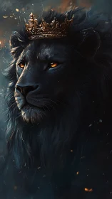 Dark crowned lion with glowing eyes in moody light.