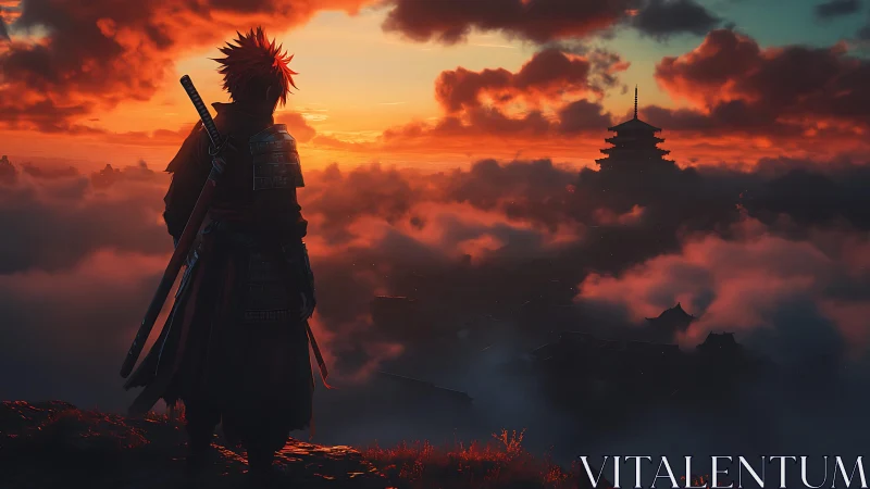 Samurai silhouette above misty pagoda city at sunset.