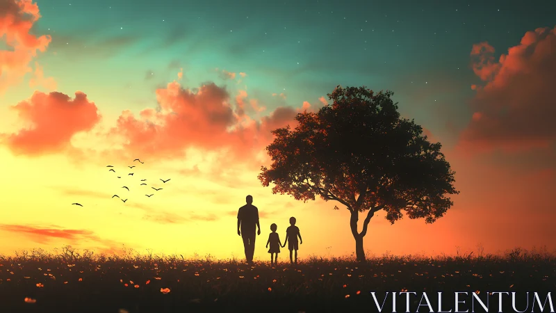 Golden sunset stroll warms a small family beneath one tree