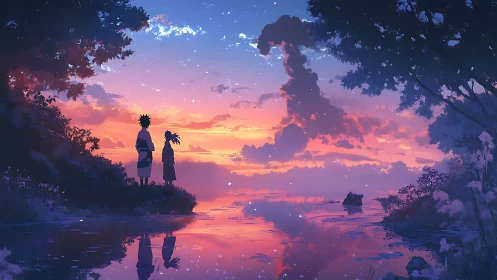 Two silhouetted figures study a chromatic sunset over still water