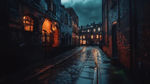 Wet cobblestone alley reflects warm window lights at dusk