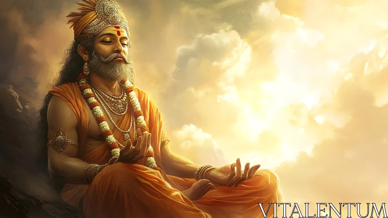 Meditating sage in golden robes under luminous cloud canopy