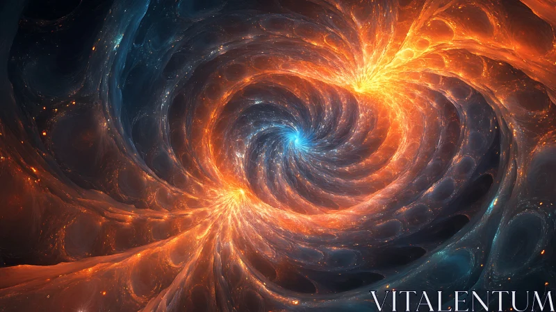 Spiraling cosmic dance of fire and ice in glowing harmony.