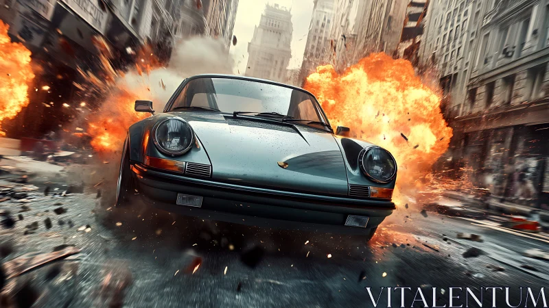 Sports car on city street amid large urban explosions.