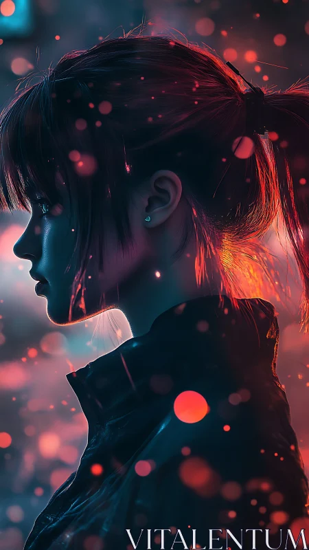 Neon side-profile portrait shows girl amid glowing bokeh haze