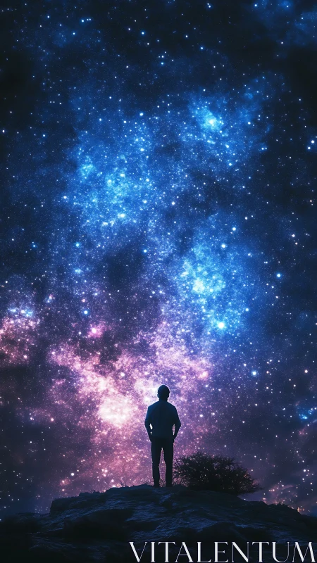 Silhouetted observer beneath luminous galactic starfield panorama.