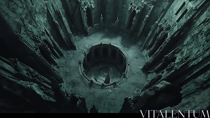 Ruined stone amphitheater curls inward toward a haunted abyss