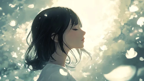 Serene girl in glowing petals and soft celestial light.