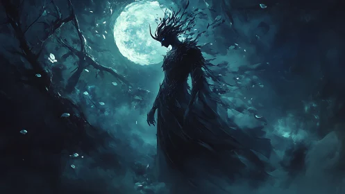 Nocturnal wraith silhouette under lunar backlit stormscape.