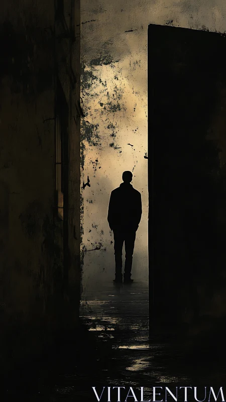 Silhouetted lone figure stands in shadowed alley doorway
