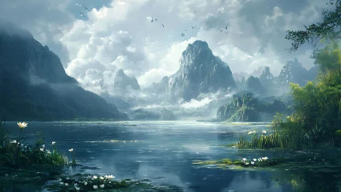 Digital painting of mist-clad mountains over reflective lakescape.