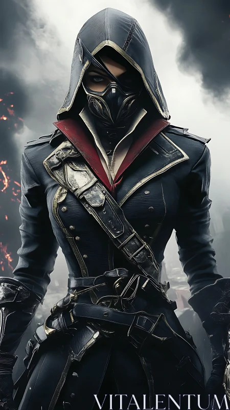 Cyberpunk rogue assassin in tactical hooded armor portrait.