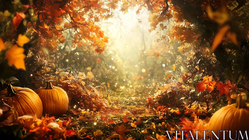 Golden Autumn Path Through Pumpkin Fields and Fall Foliage