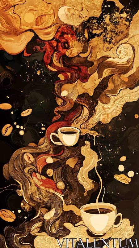 Swirling abstract coffee cups blend warmth, motion, and aroma.