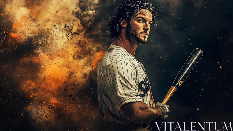 Brooding baseball slugger amid explosive dust storm backdrop.