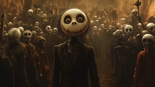 Macabre pumpkin-headed figure leads skeletal horde in misty woods.
