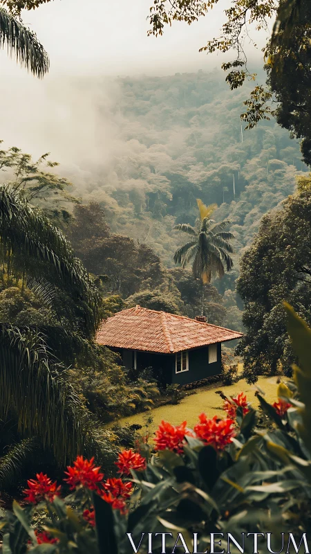 Misty jungle cottage nestles gently in lush green hillside