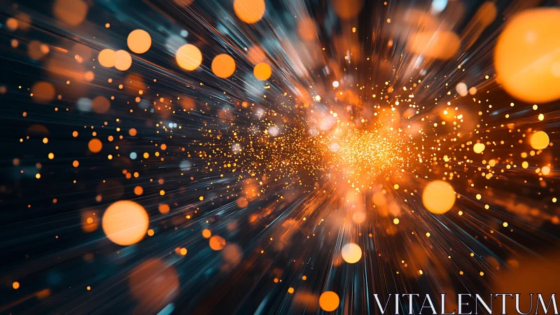 Dynamic burst of glowing orange particles in abstract digital style.