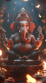 Ganesh idol in cinematic firelit shrine with molten highlights.