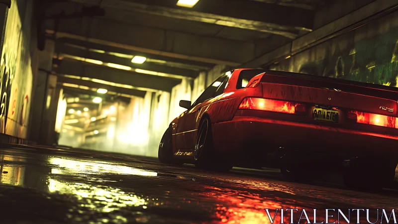 Moody underground tunnel with red sports car in rain-soaked glow.
