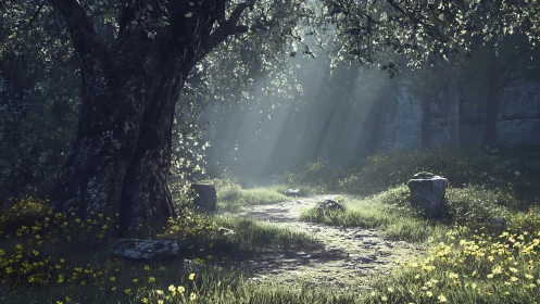 Sunlit forest path winds through tranquil clearing in spring.