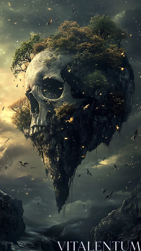 Floating skull island cradling a quiet, untamed forest.
