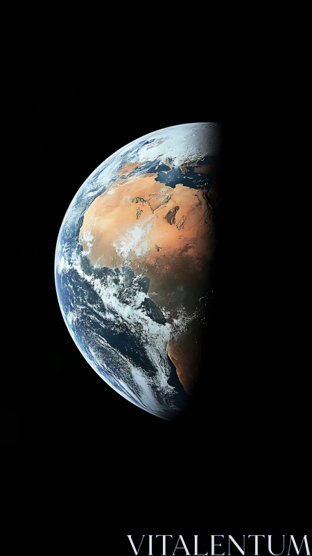 Half-lit desert Earth drifting through velvet black calm.