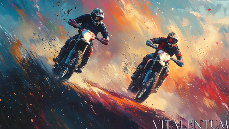 Twin dirt bikers carve neon dust through a painted sky.