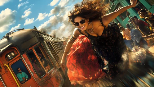 Woman leans from moving train amid blurred urban background