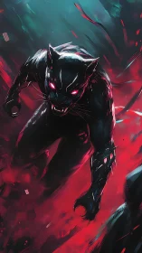 Panther-like figure in dynamic red and teal digital scene.