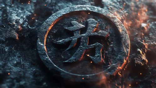 Circular engraved kanji symbol is rendered in molten stone