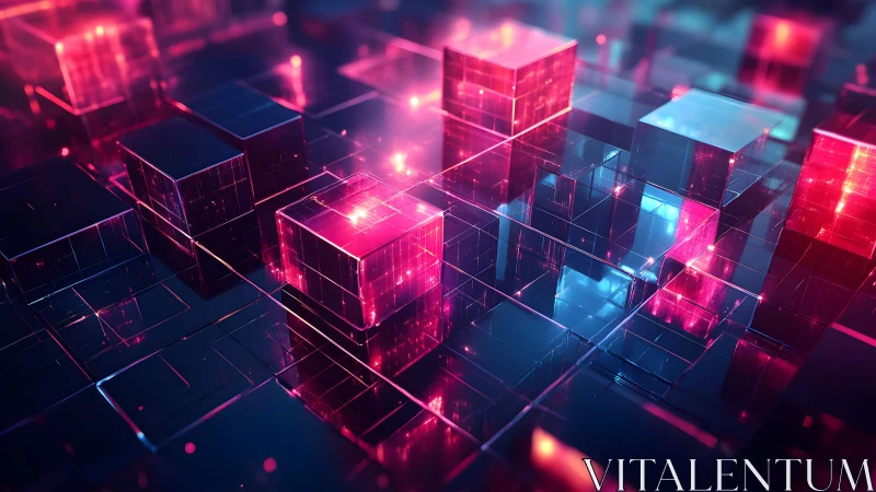 Futuristic digital cubes in neon glowing grid, abstract cyber style.