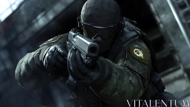 Tactical soldier aims pistol in close-quarters urban combat