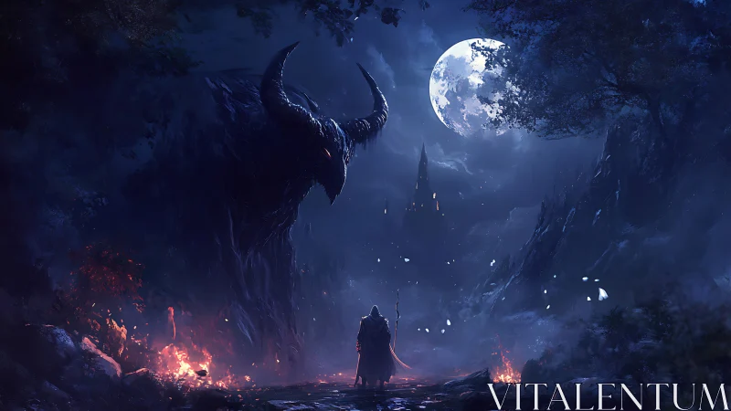 Moonlit warlock confronts colossal horned shadow at gates.