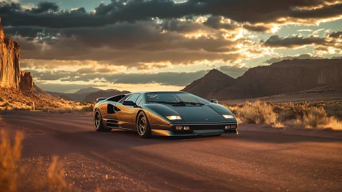 Sunlit desert road welcomes a sleek classic sports car.