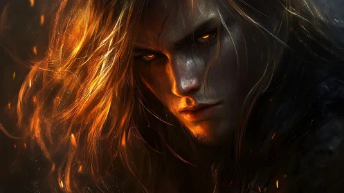 Fiery-eyed warrior bathed in ember-lit shadowed fury.