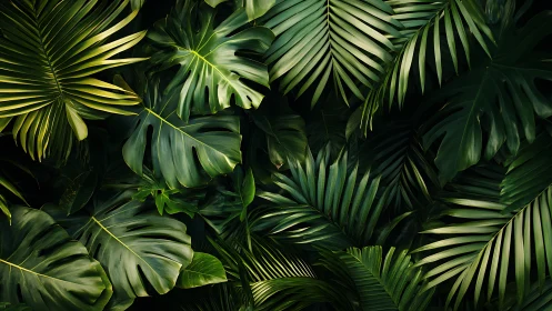 Emerald jungle quiet, layered palms and monsteras whispering.