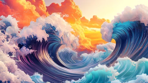 Radiant ocean waves dancing beneath glowing sunset skies.