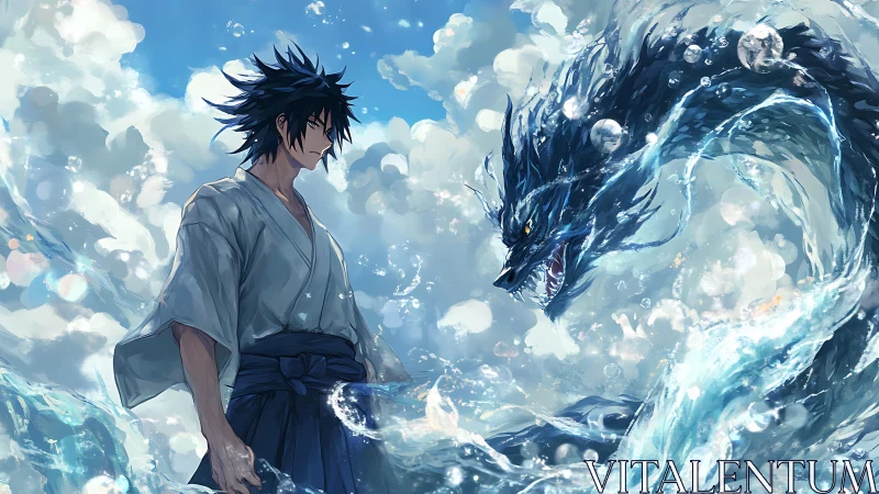 Water mage meets swirling sea dragon in a sky of foam.